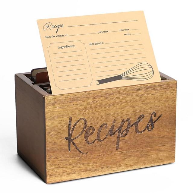 LBEMEY Recipe Box,Acacia Wood Recipe Organizer,Farmhouse Recipe Holder Storage Organizer,Recipe Card Box for Kitchen, Family, Wedding