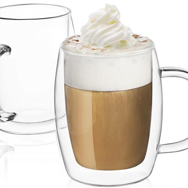 JoyJolt Double Wall Glasses 13.5-Ounce Insulated Mugs Double Walled Glass Cups For Coffee Tea Set of 2
