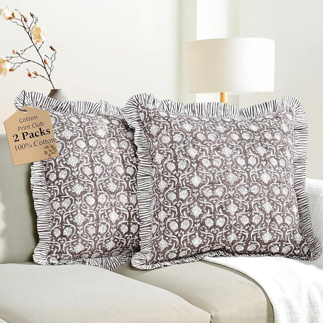 CPC Mocha Regal Hand Block Print 100% Cotton Ruffle Throw Pillow Cover 18x18 inch with Hidden Zipper Decorative for Couch, Bed, Sofa, Farmhouse, Cottagecore Decor Gift Christmas Fall Thanksgiving