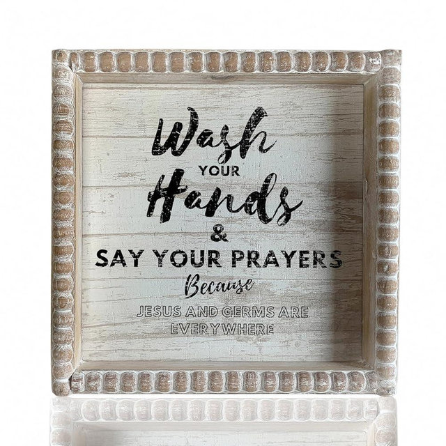 Boho Farmhouse Wooden Framed Bathroom Decor Signs, Funny Restroom Decorative Plaque Small Cute, Toilet Rules Shelf Decoration (Wash Your Hands)