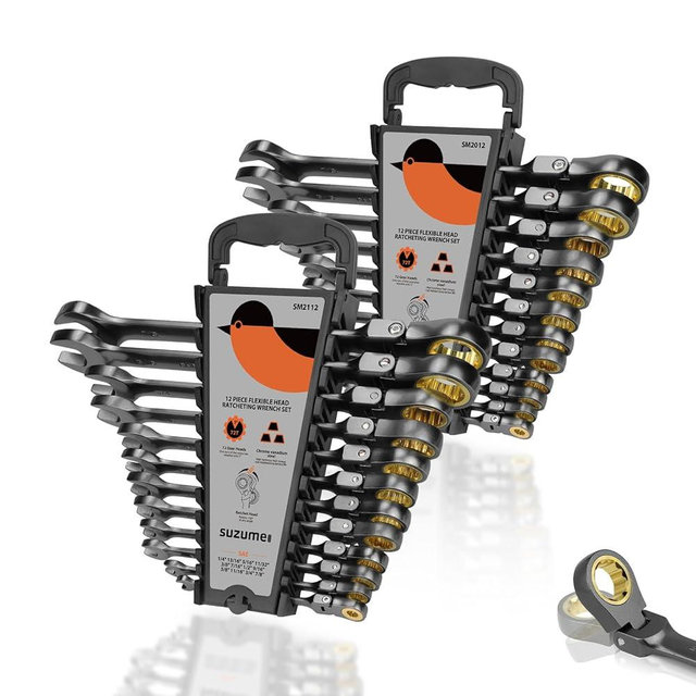 SUZUME 24-Piece Metric and SAE Flex Head Ratcheting Wrench Set 72 Teeth Cr-V Steel Ratcheting Wrench Set with 180° Flex Head Ratchet Wrenches Set For Auto,Machine Repair