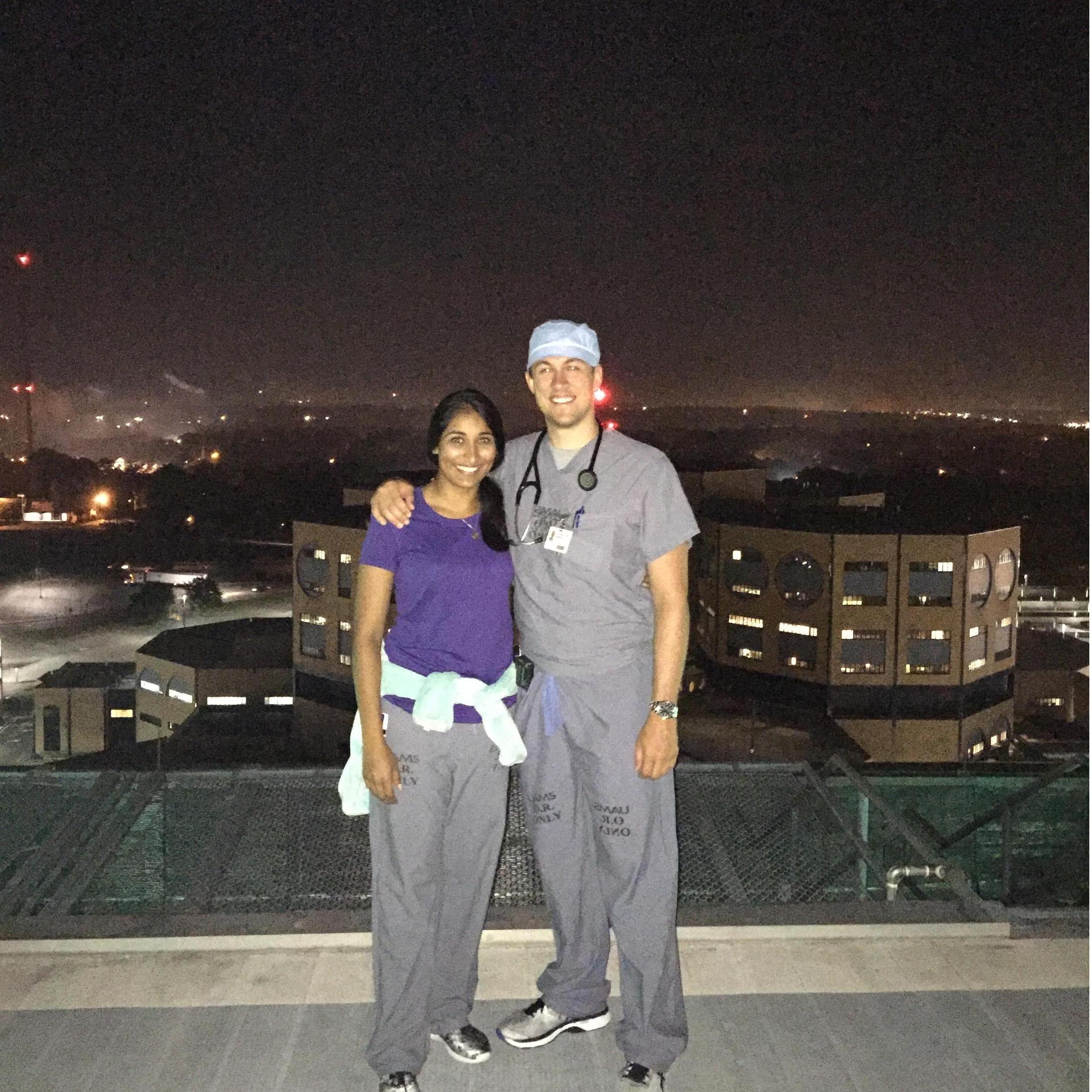 When you are both working on July 4th, you sneak away to the hospital roof to catch a view of the city's firework show