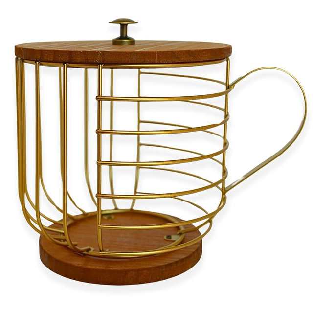 FIVE TWENTY CO. Coffee Pod Holder - Versatile Coffee Pod Organizer - Modern Coffee Pods Holder - Sleek Gold Metal K Cup Organizer for Countertop w/ Wooden Base & Lid - Coffee Station Organizer
