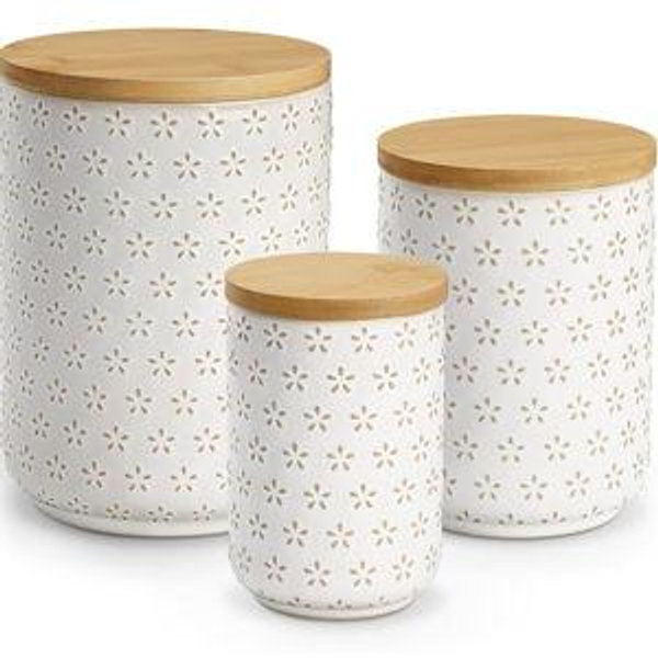 MALACASA LYDIA Ceramic Canisters Set with Airtight Lids, 80/40/20 oz Coffee Canisters Sets for the Kitchen, Large Jars for Flour, Sugar, Pasta, Coffee, Cookies, Tea - Set of 3, Five-Leaf Grass