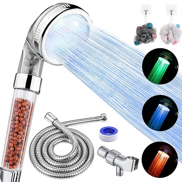 FASTRAS LED Shower Head with Handheld, Shower Head High Pressure Shower Head with Hose, Holder & PTFE Tape etc, 3 Water Temperature-Controlled Water Saving Filtered Shower Head for Dry Hair& Skin