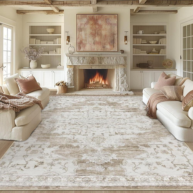 8x10 Area Rugs Washable Rug: Lagre Vintage Living Room Rug with Non-Slip Backing Low Pile Rug Soft Indoor Floor Thin Carpet Non Shedding Neutral Carpets for Bedroom Dining Room Farmhouse Nursery Beige