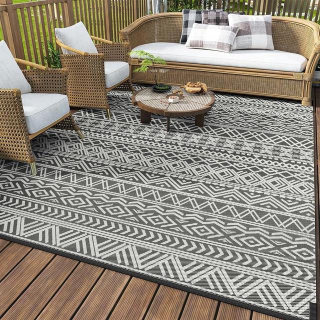 MontVoo-Outdoor Rug Carpet Waterproof 8x10 ft Reversible Patio Rug RV Camping Rug-Plastic Straw Rug Outside Indoor Outdoor Area Rug for Patio Deck Balcony Picnic Beach Outdoor Decor Boho Grey