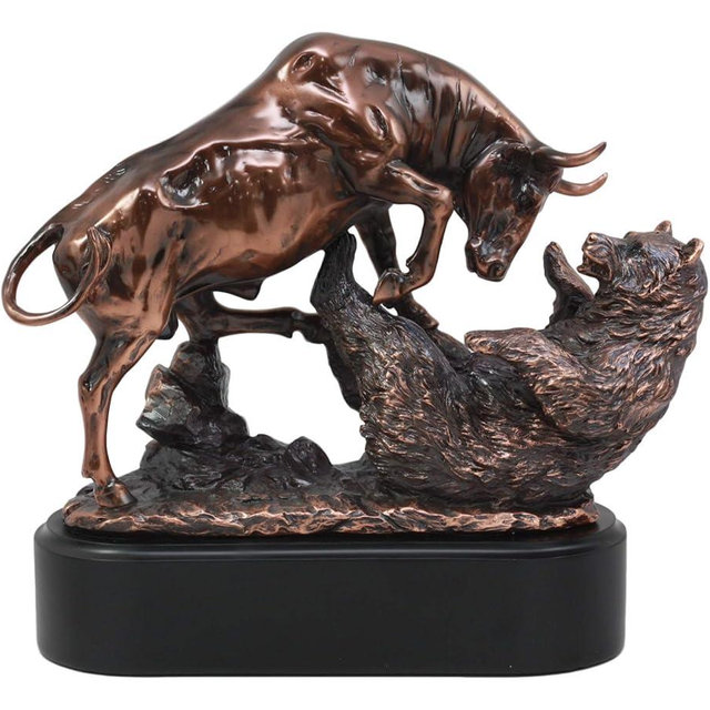 Ebros Wall Street Stock Market Charging Bull Trouncing Bear Statue with Pedestal Base Bronze Electroplated Resin Sculpture of Bull VS Bear Ideal Gifts for Financial Investment Managers Investor