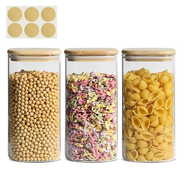 KTMAMA Airtight Glass Storage Canister with Lid (50oz), Clear Food Storage Container Jar with Sealing Bamboo Lid for Noodles Flour Cereal Rice Sugar Tea Coffee Beans, Square Set of 3