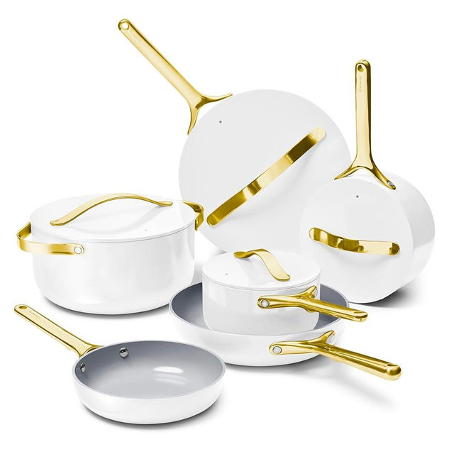 Caraway Deluxe Nonstick Ceramic Cookware Set (16 Piece) Pots, Frying Pans, Lids and Kitchen Storage - PFAS & PFOA Free - Oven Safe Ceramic Pan Set & Compatible with All Stovetops - White