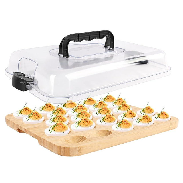 Deviled Egg Containers with Lid, Wooden Deviled Egg Tray Platter with Handle for 24 Holes, Reversible Cheese Charcuterie Board, Serving Tray Egg Holder for Kitchen and Parties