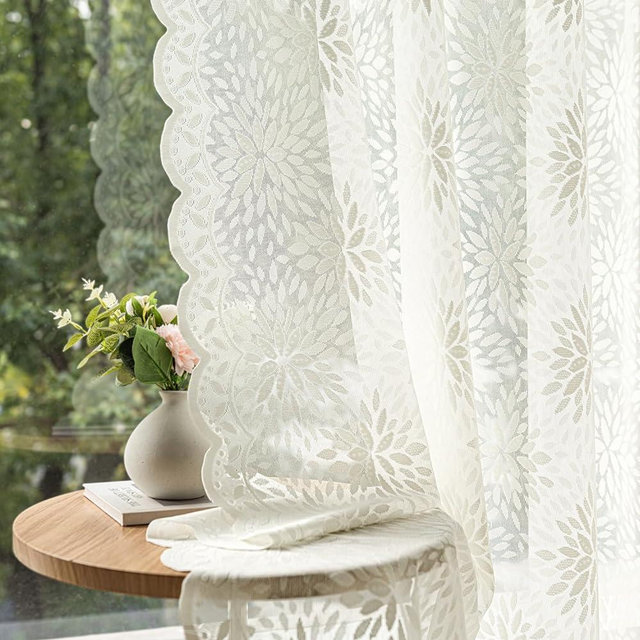 MIULEE Vintage Lace Curtains 63 Inch Length 2 Panels, Victorian Decorative Floral Scalloped Short Semi Sheer Curtains Light Filtering Rod Pocket Panels for Bedroom Living Room, 52" W x 63" L, Ivory