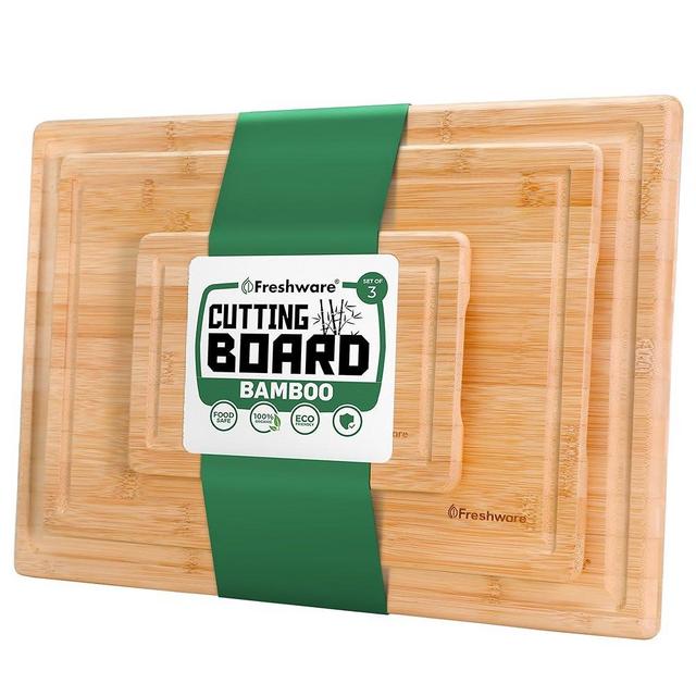 Freshware Wood Cutting Boards for Kitchen - Bamboo Cutting Board Set of 3, Cutting Boards with Juice Grooves, Serving Board Set, Chopping Board for Meat, Veggie, Easy Grip Handle (9x6", 12x8", 15x10")