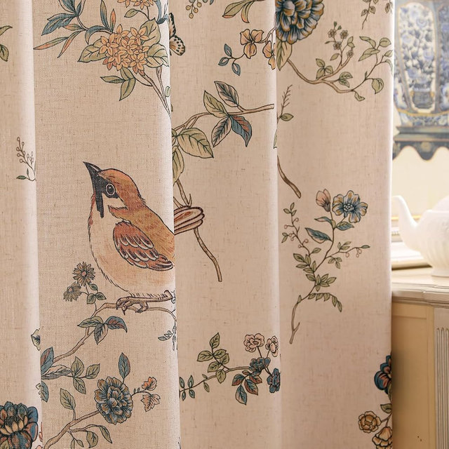 ISAENNE French Beige Linen Curtains with Bird and Flowers Pattern,Western Semi-Blackout Curtain with Grommet for Kitchen Bedroom Livingroom,2 Panels 65 Inches Wide by 79 Inches Long -Cornucopi