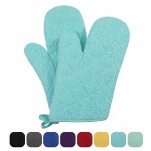 VEEYOO 100% Cotton Oven Mitts Terry Heat Resistant Oven Gloves for Kitchen Set of 2, 7 x 12" Aqua Blue