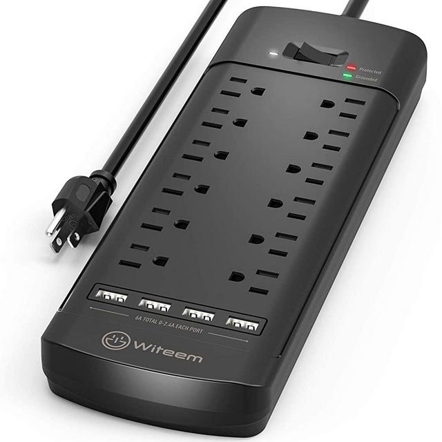 Power Strip,Witeem Surge Protector with 12-Outlet (1875W/15A,2100 Joules) and 4 USB Charging Ports (5V/6A,30W),6Ft Extension Cord,Wall Mountable Overload Protection Outlet for Home & Office, Black