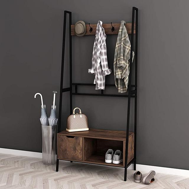 NA Nutmeg Brown Finish Black Frame Entryway Hall Tree Coat Hanger Shoe Rack Storage Bench with 5 Hooks