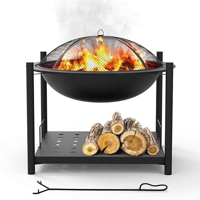Portable Outdoor Wood Fire Pit - 2-in-1 Steel BBQ Grill 26" Wood Burning Fire Pit Bowl w/ Mesh Spark Screen, Cover Log Grate, Wood Fire Poker for Camping, Picnic, Bonfire - SereneLife SLCARFP54
