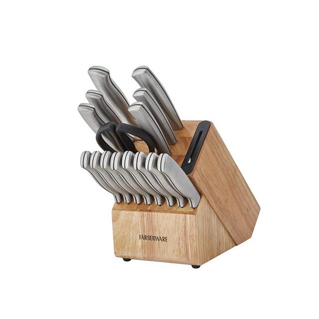 Farberware Edgekeeper 16-Piece Stainless Steel Block Set with Built in Knife Sharpener, Natural
