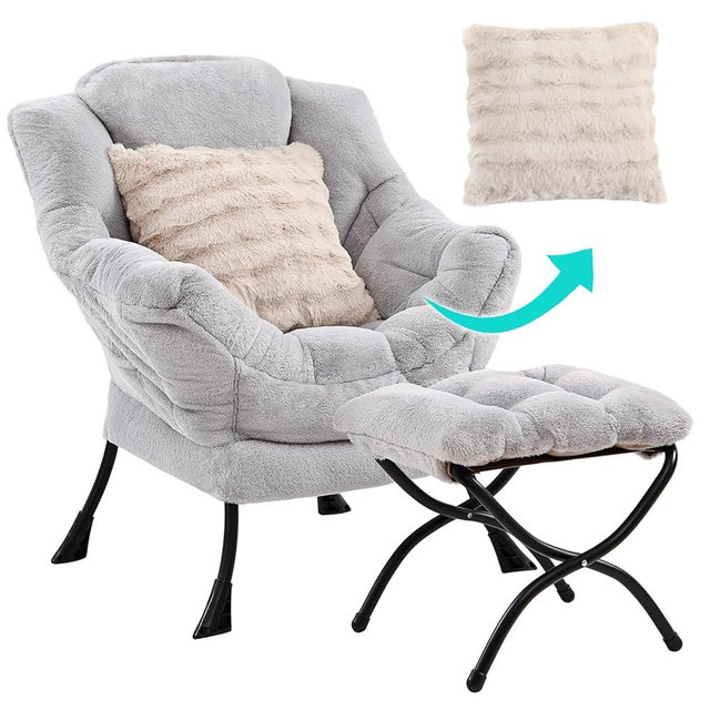YOTATING Lazy Chair with Ottoman & Pillow, Comfy Reading Chair with Footstool Accent Lounge Sofa with Armrests & Side Pocket for Living Room, Bedroom,Reading Room, Plush Grey
