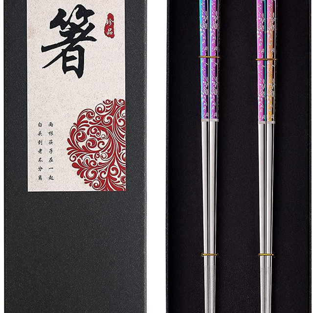 Metal Chopsticks Reusable Dazzling Rainbow Stainless Steel Chopsticks Titanium Plated Chopsticks Dishwasher Safe Fancy Chopsticks Laser Engraved Korean Japanese Chop Sticks Multicolor 2 Pairs Gift Set