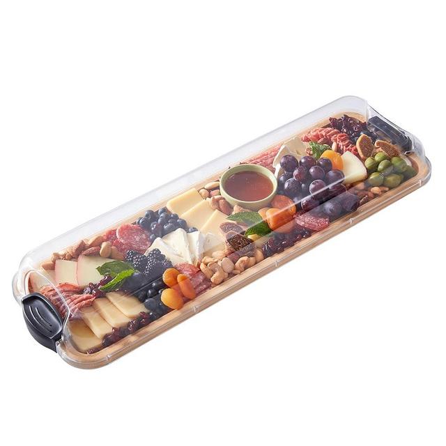 Farberware Rectangular Build-a-Board Cutting Board with Single Compartment and Clear Locking Lid for Charcuterie, Snacks, and More - Make it. Take it. Enjoy it, 7x22 Inch, Bamboo
