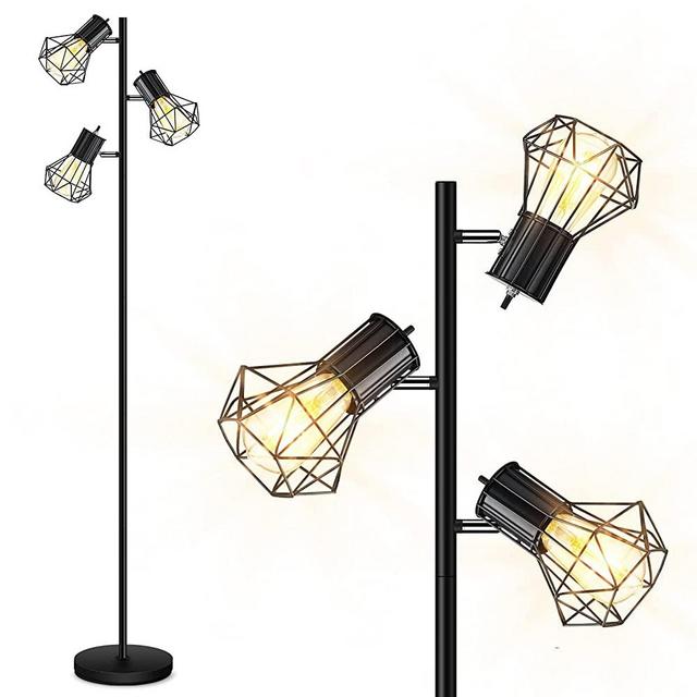 Industrial Floor Lamp, Standing Lamp, Farmhouse Tree Floor Lamp with 3pcs 6W Edison Bulbs, Free Adjustable Cage Heads, Independent Control, Floor Lamp for Living Room, Bedroom, Office, Rustic Home