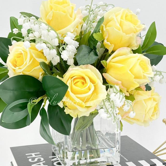 Yellow Real Touch Roses Arrangement, Artificial Faux Centerpiece, Unique French Flowers Valley Lillies in Glass Vase Home Decor Floral Gift