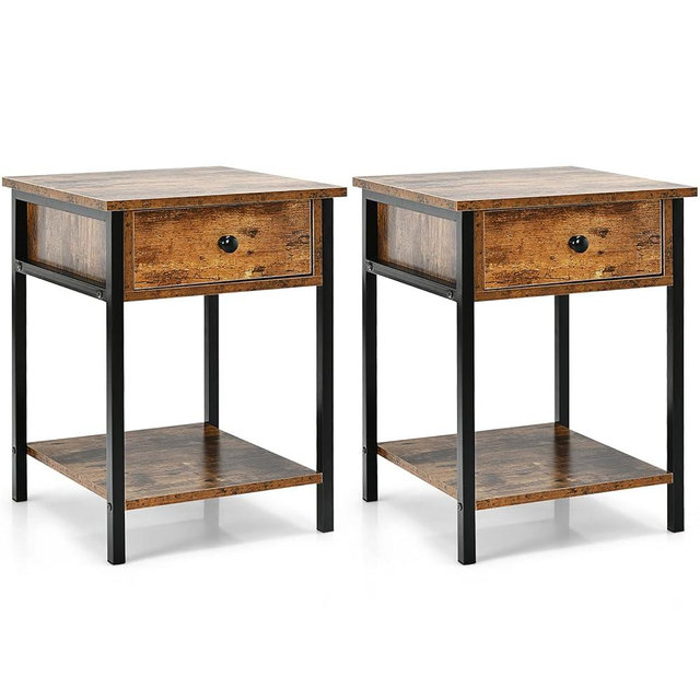 Giantex Nightstand Set of 2, Industrial 2-Tier End Table with Storage Drawer and Shelf, Bedside Tables with Metal Frame, Wooden Side Table for Living Room, Bedroom, Easy Assembly, Rustic Brown