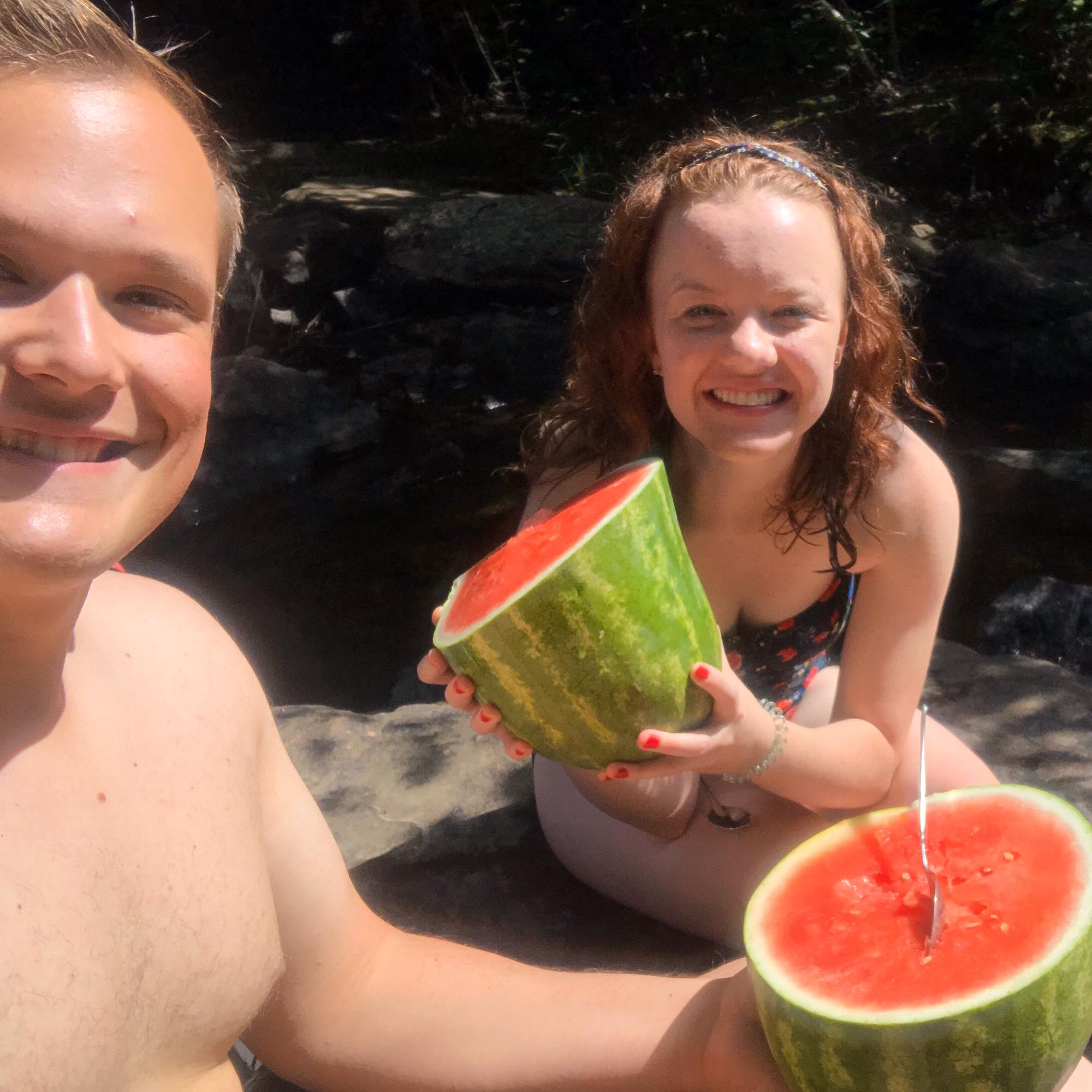 Watermelon by a waterfall