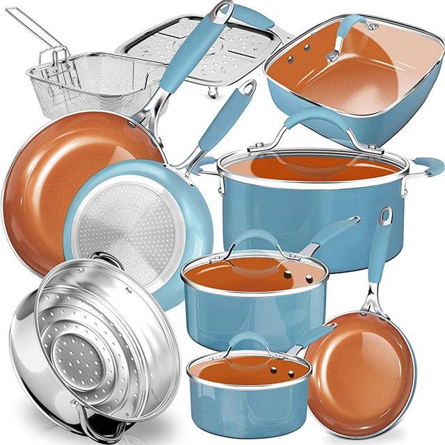 dealz frenzy 14 Piece Pots and Pans Kitchen Cookware Set, Nonstick Soft-grip Healthy Ceramic Coating, Frying Pans, Skillets, Stock Pots, Sauce Pan, Deep Square Fry Basket, Pot, Stainless Steel Steamer