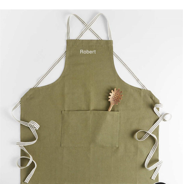 Personalized Oslo Cross-Back Green Linen-Organic Cotton Apron with Pocket