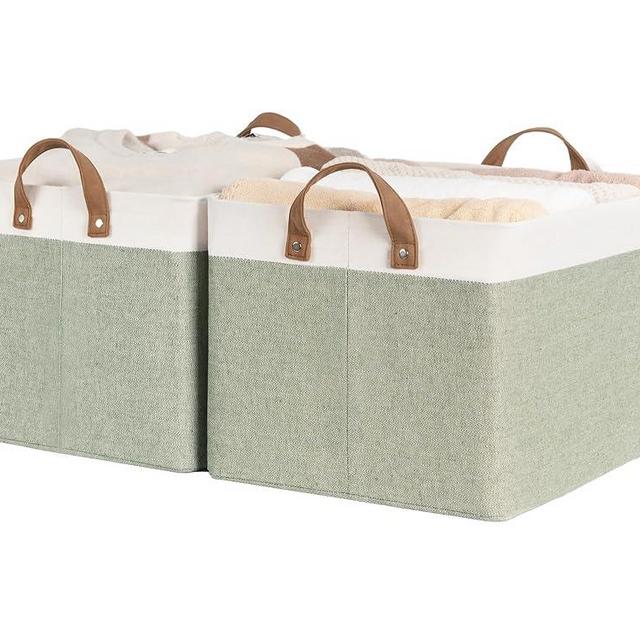 StorageWorks Storage Bins, Fabric Storage Bins for Shelves, Large Storage Baskets with Metal Frame, Closet Baskets and Bins with Handles, Green and White, 2-Pack
