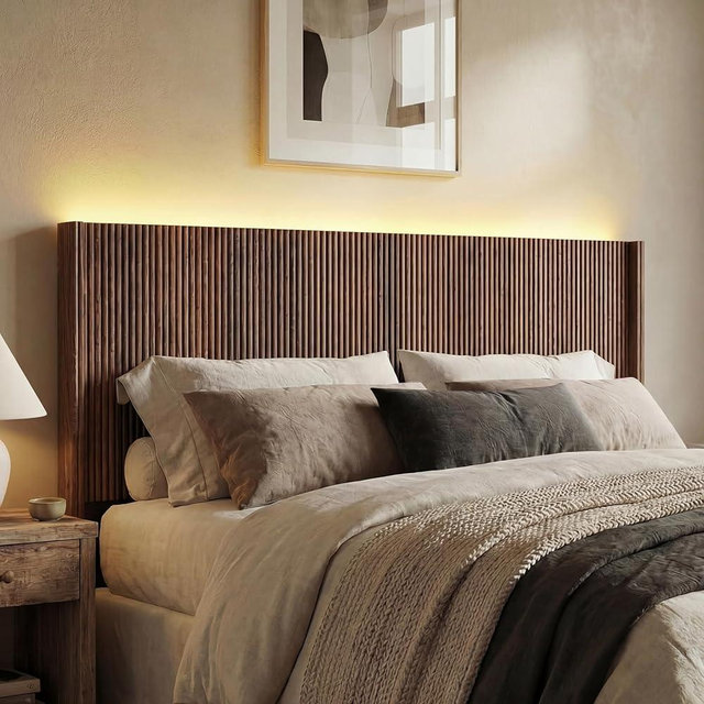 BONITURE Queen Size Headboard Only, Modern Fluted Wall-Mounted Head Board with Lighting, Boho Wood Bed headboard Stylish Bedroom Decor, Espresso