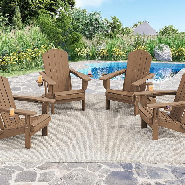 SERWALL Adirondack Chair with Cup Holders - Composite Adirondack Chairs Set of 4 HDPE Outdoor Chairs All Weather Use- Brown