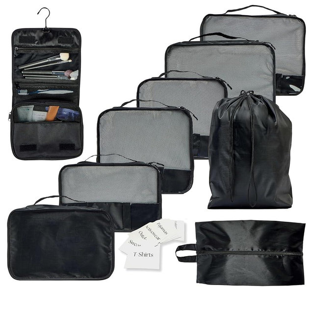 Foxy Traveler 9 Set Packing Cubes - Suitcase Organizer, Cute Packing Cubes, Travel Bags Organizer for Luggage with Hanging Toiletry and Shoe Bag, Travel Essentials for Women, Men and Kids -Black