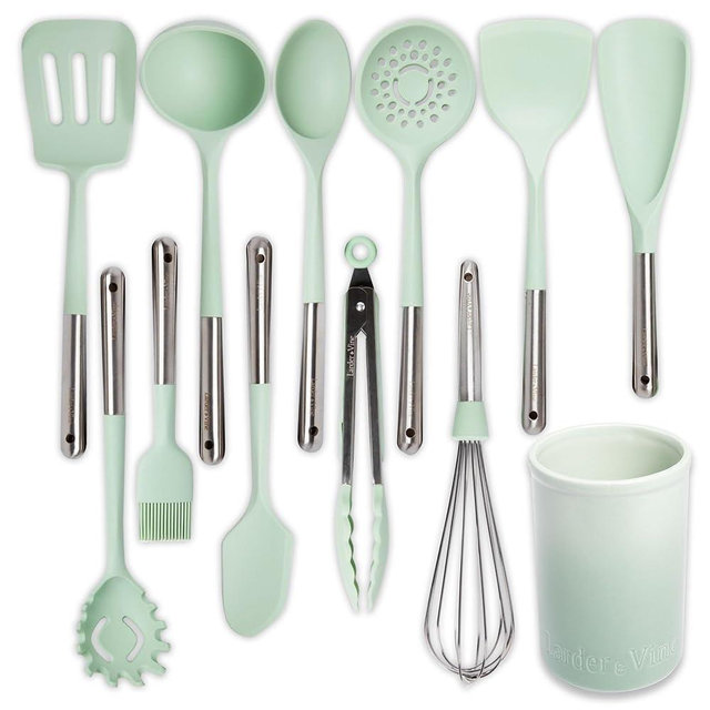 12-Piece Silicone Cooking Utensils Set | Silicone Utensils with Stainless Steel Handle and Ceramic Holder | Kitchen Utensils Set | Dishwasher Safe Set of Kitchen Essentials | Sage