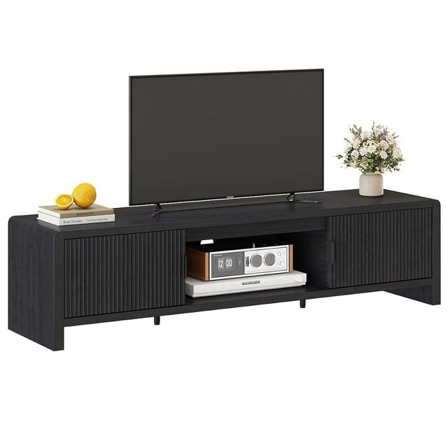 FATORRI TV Stand for 75/65/55 Inch TVs, Mid Century Modern Entertainment Center with Storage, Wooden Television Media Console Cabinet with Fluted-Door for Living Room, Bedroom (63 Inch W, Black)