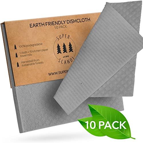 SUPERSCANDI Swedish Dishcloths 10-Pack Grey Reusable Biodegradable Cellulose Sponge Cleaning Cloths for Kitchen Dish Rags Washing Wipes Paper Towel Replacement Washcloths