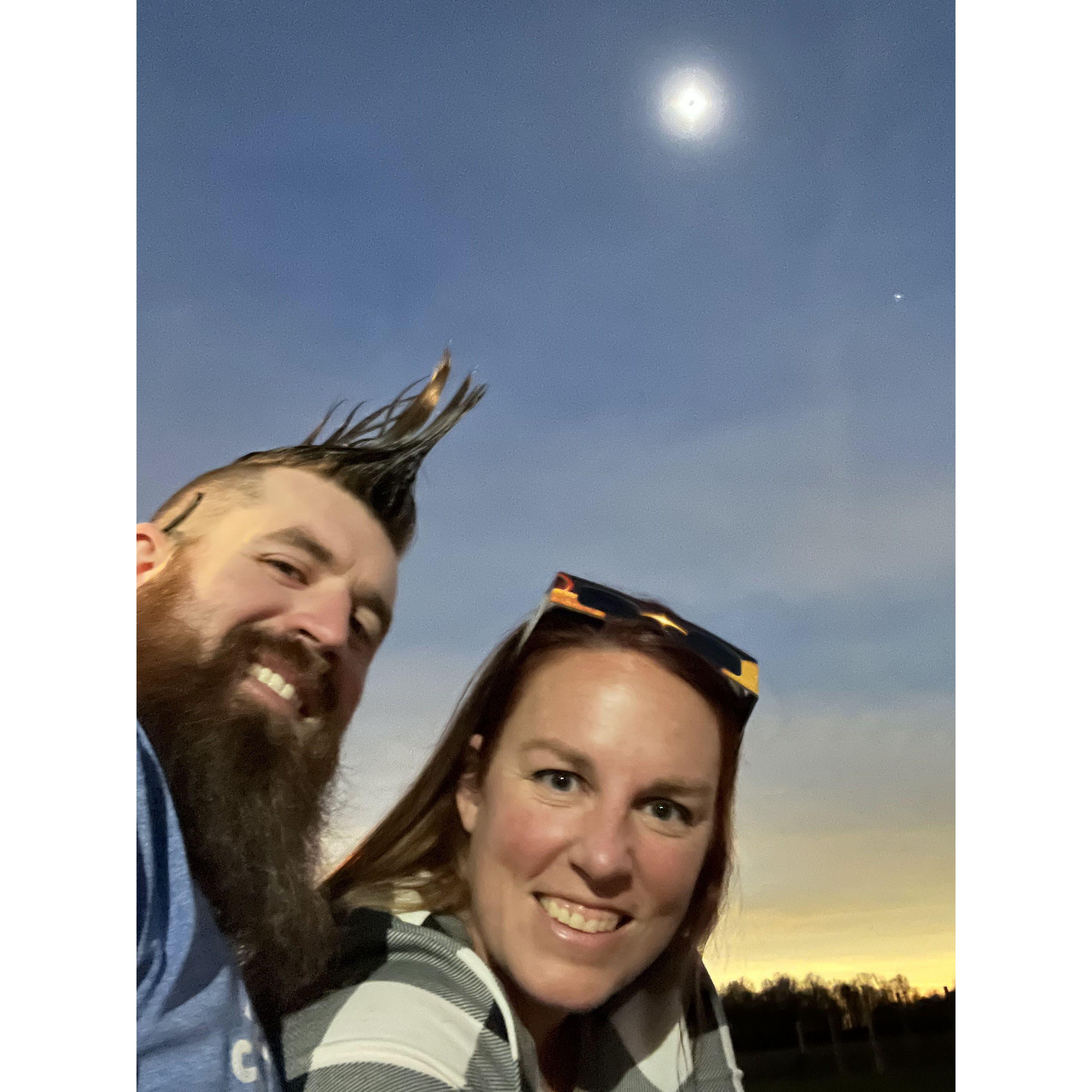 A selfie of us during totality in Ohio at Brandon's parent's house during the 2024 eclipse