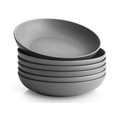 Y YHY 30 Ounces Porcelain Pasta, Salad, Soup Bowls, Large Serving Bowl Set, Wide and Flat, Set of 6, Grey Matte