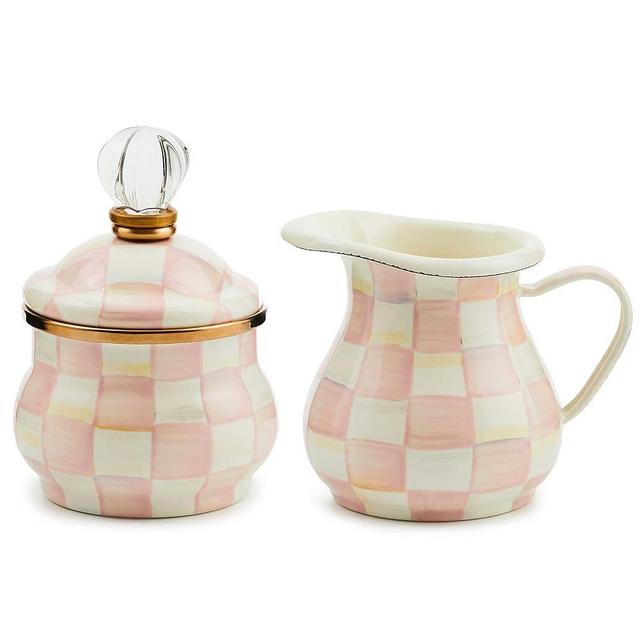 MACKENZIE-CHILDS Enamel Creamer and Sugar-Bowl Set, Cream Dispenser and Sugar Holder, Unique Kitchen Decor, Rosy Check