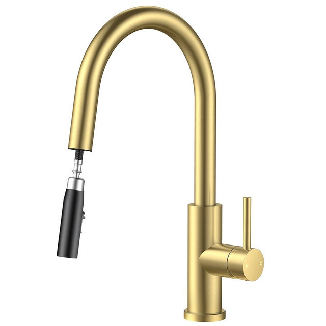 FORIOUS Kitchen Faucets with Pull Down Sprayer, Gold Single Handle Stainless Steel High Arc Kitchen Sink Faucet with Deck Plate, Transitional Single Hole Faucet for Bar RV Outdoor Laundry Farmhouse