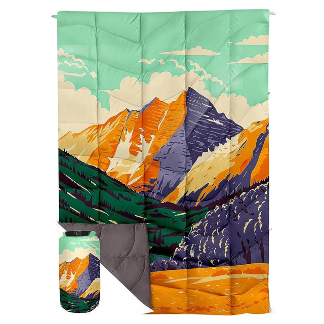 GLORSIGN Outdoor Puffy Camping Blanket, Lightweight Down Alternative Puffy Printed Camping Large Ultra Warm Hammock Top Quilt Waterproof Blanket for Traveling Picnic Beach Party Cold Weather (Peak)
