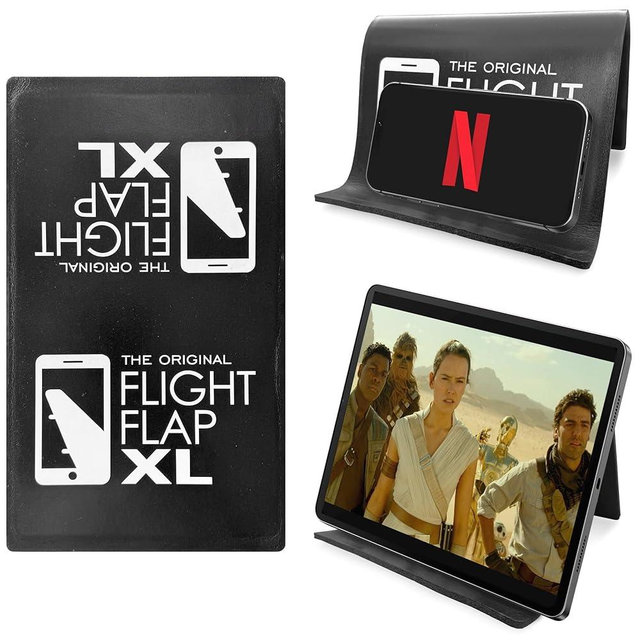 Flight Flap Airplane Tablet Holder, Flexible Cell Phone and Tablet Holder Extra Large 12x7”, Folding Cellphone Stand for Desk, Kindle, Bed, Airplane Gadgets Long Travel Essentials (Black)