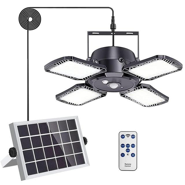 Auzev Solar Shed Light Indoor Outdoor Solar Powered Motion Sensor Pandent Daytime Work Lights with 4 Lighting Modes Remote Control 128LED 4 Deformed Heads Security lamp for Garage Gazebo Barn