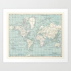 World Map in Blue and Cream Art Print