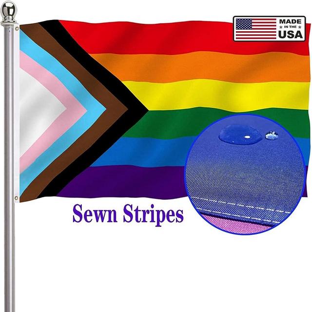 Progress Pride Rainbow Flag 3x5 Outdoor-210D Sewn Stripes LGBTQ Gay Lesbian Bisexual Transgender All Inlcusive Progressive Pride Rainbow Flag Vivid Color Polyester Flags with 2 Brass Grommets