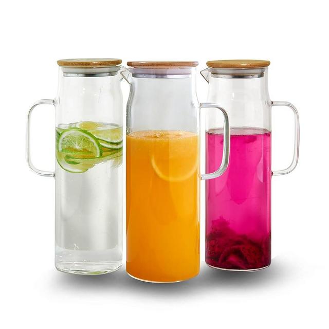 50oz Glass Pitcher with Lid, Glass Water Carafe with Handle, Fridge Water Jug Cold or Hot Beverages, Iced Tea, Milk, Juice (set of 3)