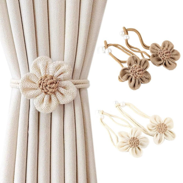 SRG 4pcs Handmade Pearl Curtain Tiebacks Boho Flower Curtain Holdbacks with Buckle Pins Simple Elegant Sunflower Rope Curtain Boho Bedroom Decor（Large Cream&Khaki）